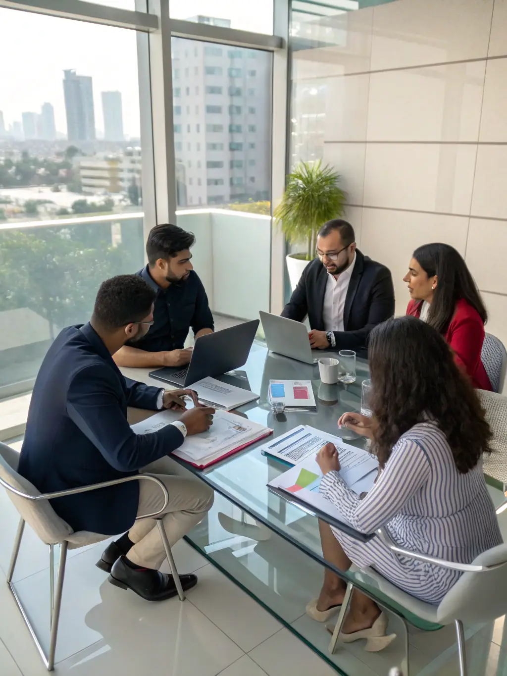 A diverse team of payment consultants collaborating on a project, symbolizing OTO PAY's comprehensive approach to payment solutions for various businesses.