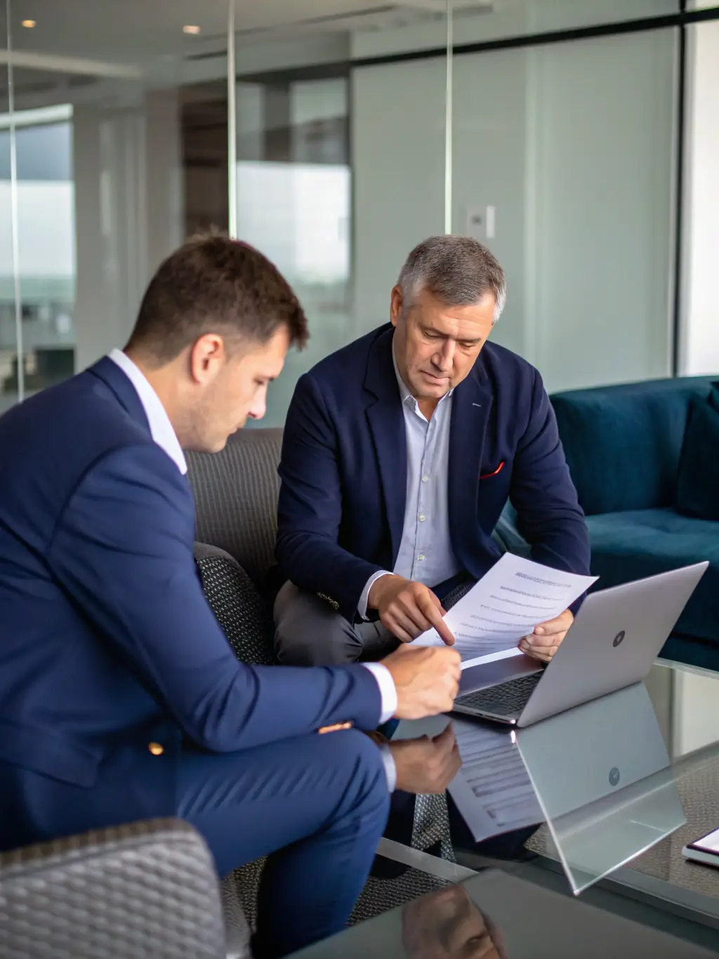A professional business advisor consulting with a client, reviewing various merchant service options on a tablet, illustrating OTO PAY's merchant services guidance.