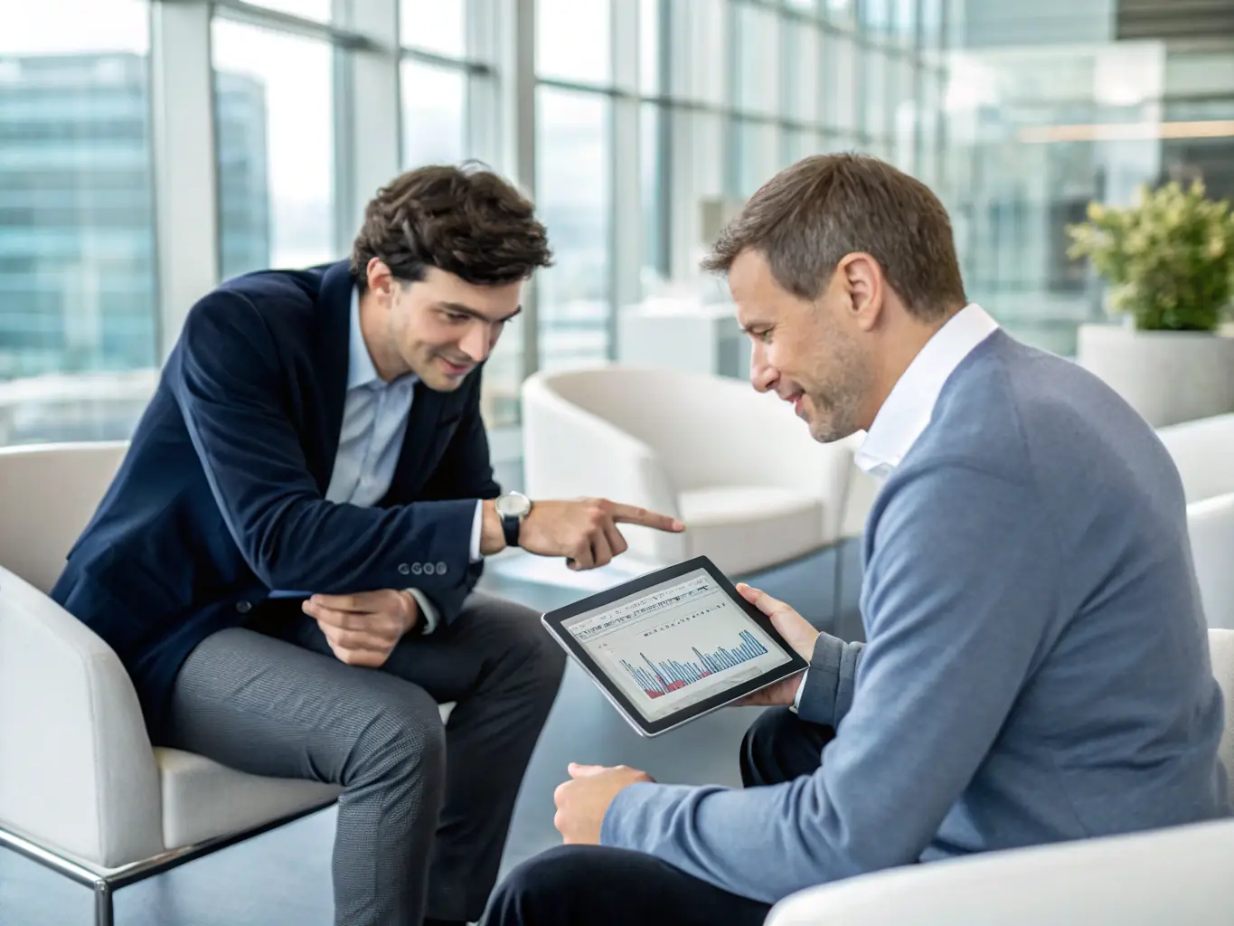 A consultant advising a business owner on selecting the best merchant services, with various payment options displayed on a tablet.
