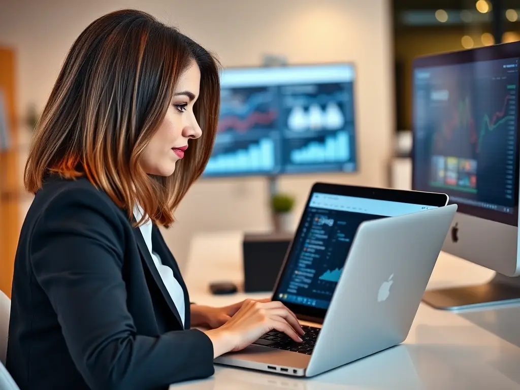 A professional consultant analyzing payment gateway data on a computer screen, highlighting key metrics and optimization opportunities.